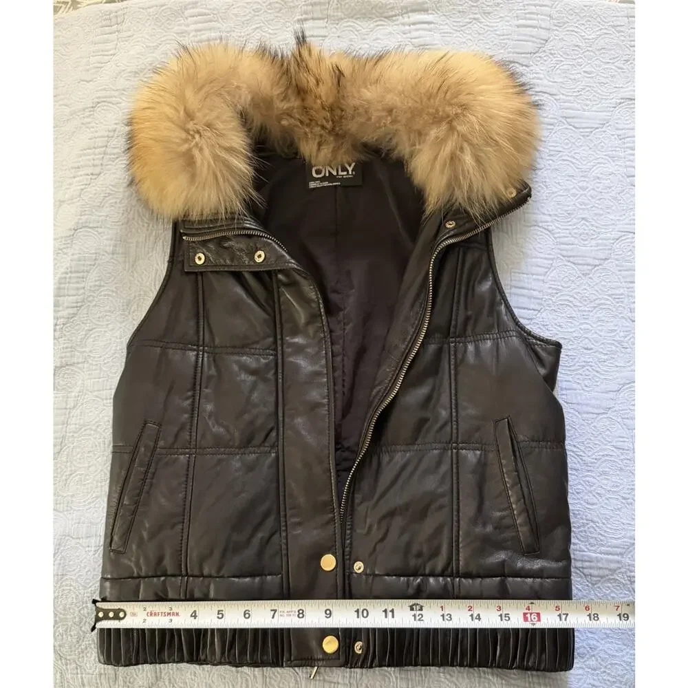 Women's Only Unique Appearance Black‎ Leather Vest Fox Removable Collar Sz XS